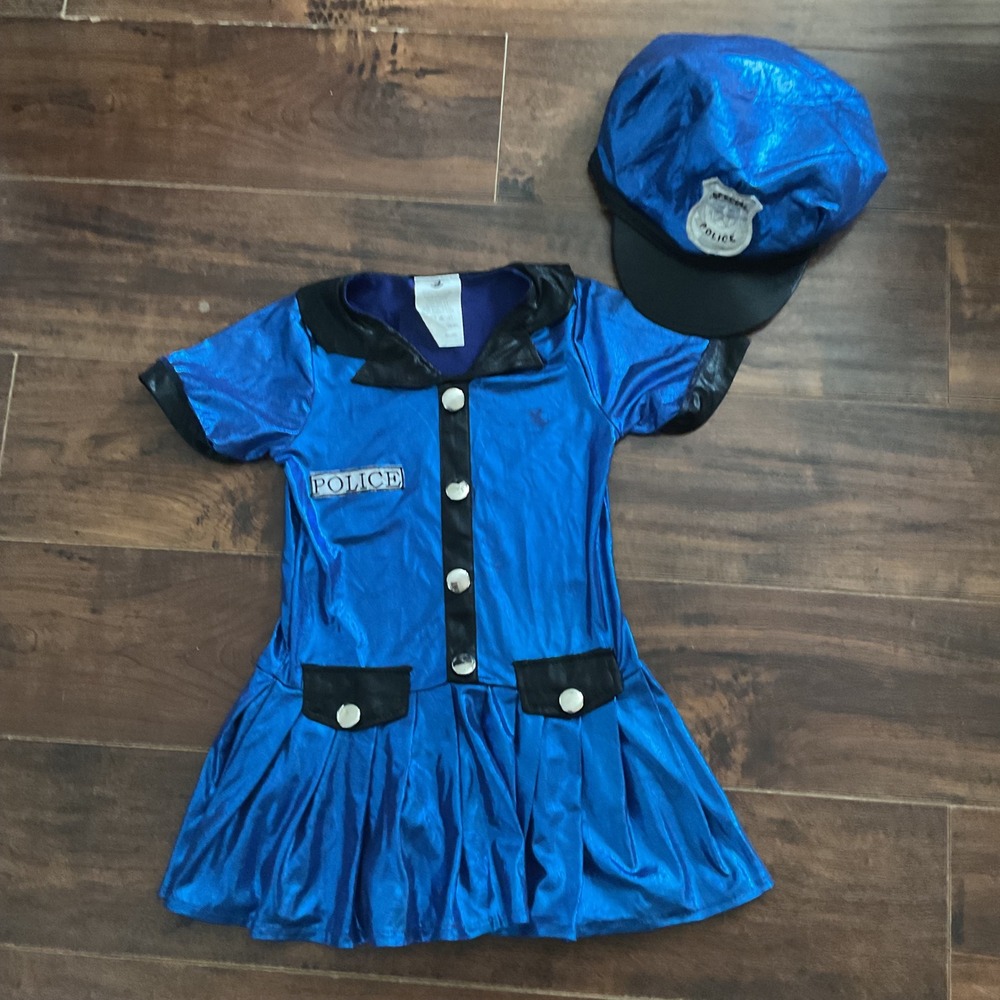 Spirit Halloween Kids Police Officer Costume Dress & Hat Blue Metallic Size 4-6